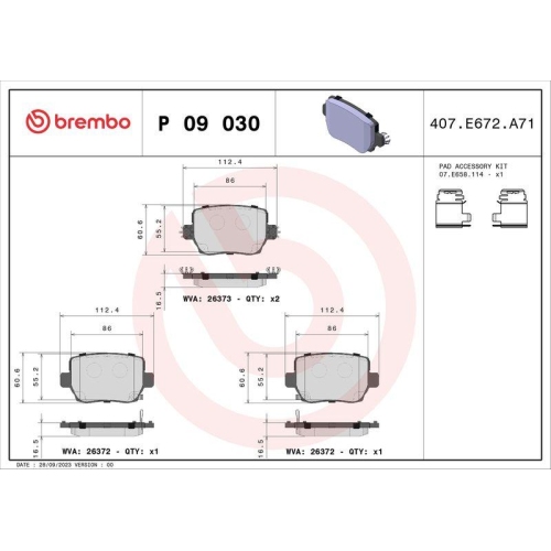 Bremsbelagsatz Scheibenbremse Brembo P09030 Prime Line f&uuml;r Tesla Hinterachse