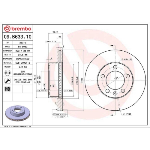 Bremsscheibe Brembo 09.B633.10 Prime Line f&uuml;r Nissan Opel Renault Vauxhall