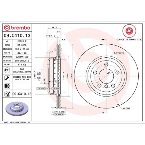 Bremsscheibe Brembo 09.C410.13 Prime Line - Composite f&uuml;r Bmw Vorderachse