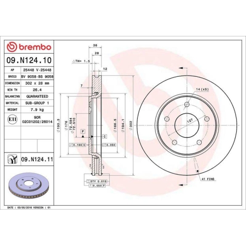 Bremsscheibe Brembo 09.N124.11 Prime Line - Uv Coated f&uuml;r Chrysler Dodge Fiat