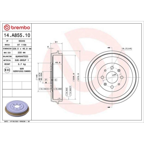 Bremstrommel Brembo 14.A855.10 Essential Line f&uuml;r Fiat Opel Vauxhall Hinterachse
