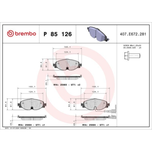 Bremsbelagsatz Scheibenbremse Brembo P85126 Prime Line für Audi Seat Skoda VW
