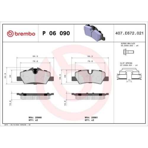 Bremsbelagsatz Scheibenbremse Brembo P06090 Prime Line f&uuml;r Mini Hinterachse