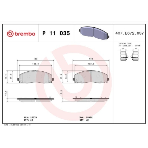 Bremsbelagsatz Scheibenbremse Brembo P11035 Prime Line f&uuml;r Audi Chrysler Dodge