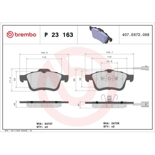 Bremsbelagsatz Scheibenbremse Brembo P23163 Prime Line f&uuml;r Chrysler Citro&euml;n Fiat