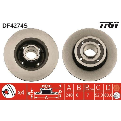 Bremsscheibe Trw DF4274S Trw Single f&uuml;r Dacia Renault Hinterachse