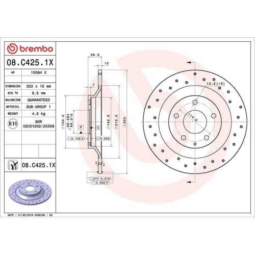 Bremsscheibe Brembo 08.C425.1X Xtra Line - Xtra f&uuml;r Mazda Hongqi Mazda (changan)
