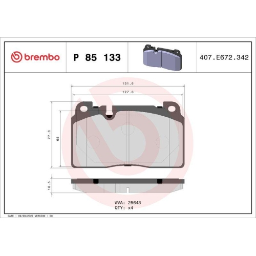 Bremsbelagsatz Scheibenbremse Brembo P85133 Prime Line f&uuml;r Audi Porsche Seat VW