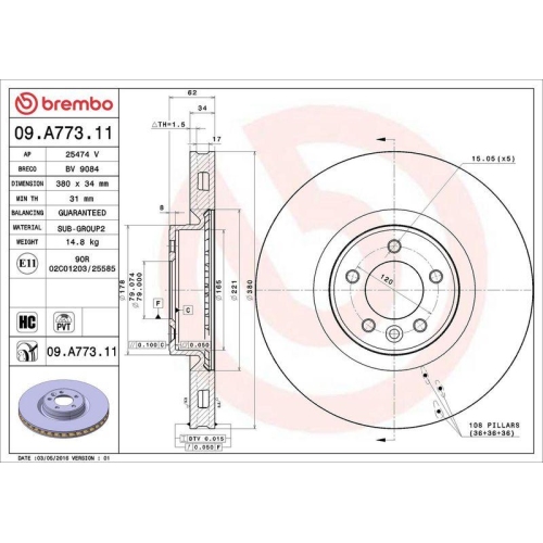 Bremsscheibe Brembo 09.A773.11 Prime Line - Uv Coated f&uuml;r Land Rover Vorderachse