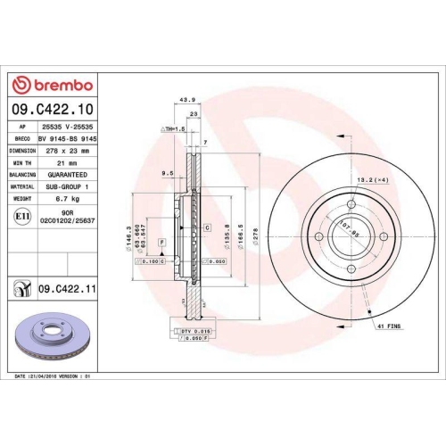 Bremsscheibe Brembo 09.C422.11 Prime Line - Uv Coated f&uuml;r Ford Ford Usa