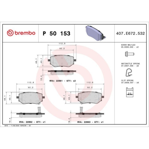 Bremsbelagsatz Scheibenbremse Brembo P50153 Prime Line f&uuml;r Mercedes Benz Nissan