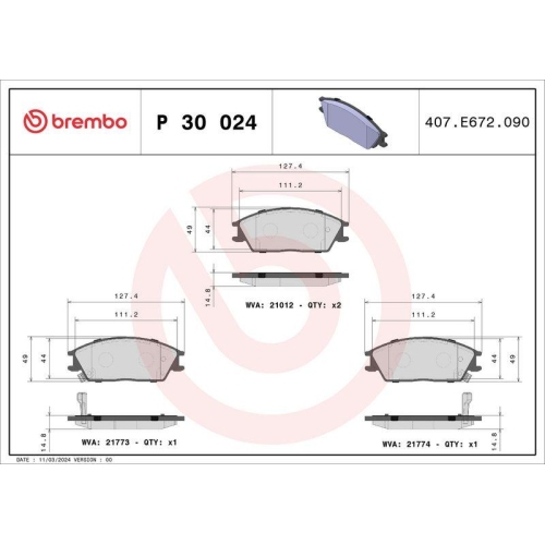Bremsbelagsatz Scheibenbremse Brembo P30024 Prime Line f&uuml;r Honda Hyundai