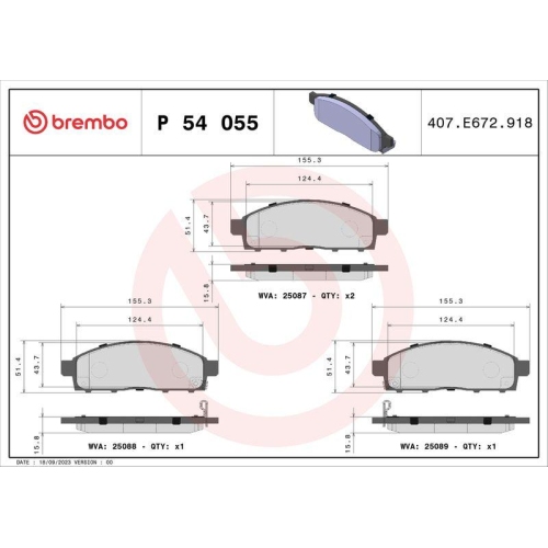 Bremsbelagsatz Scheibenbremse Brembo P54055 Prime Line f&uuml;r Fiat Mitsubishi
