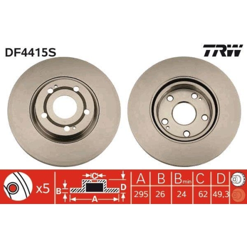Brake Disc Trw DF4415S Trw Single for Toyota Front Axle