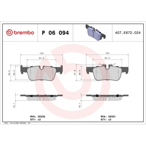Bremsbelagsatz Scheibenbremse Brembo P06094 Prime Line f&uuml;r Bmw Mini Hinterachse