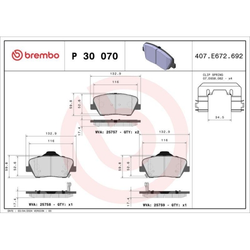 Bremsbelagsatz Scheibenbremse Brembo P30070 Prime Line f&uuml;r Hyundai Kia