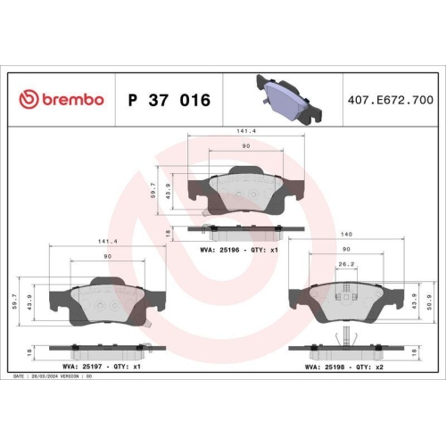 Bremsbelagsatz Scheibenbremse Brembo P37016 Prime Line f&uuml;r Dodge Jeep