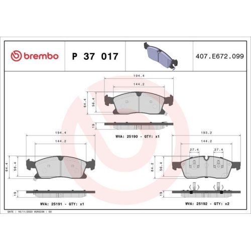 Bremsbelagsatz Scheibenbremse Brembo P37017 Prime Line f&uuml;r Jeep Vorderachse