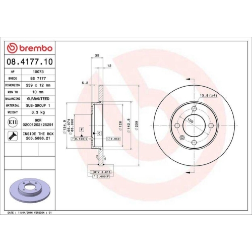 Bremsscheibe Brembo 08.4177.10 Prime Line f&uuml;r Audi Seat VW Vorderachse