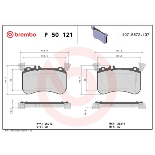 Bremsbelagsatz Scheibenbremse Brembo P50121 Prime Line f&uuml;r Mercedes Benz