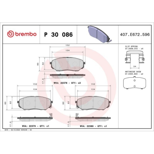 Bremsbelagsatz Scheibenbremse Brembo P30086 Prime Line f&uuml;r Hyundai Kia