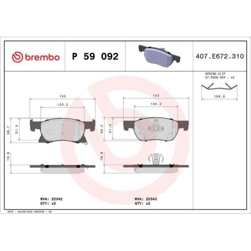 Bremsbelagsatz Scheibenbremse Brembo P59092 Prime Line f&uuml;r Opel Vauxhall