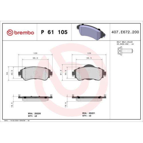 Bremsbelagsatz Scheibenbremse Brembo P61105 Prime Line f&uuml;r Citro&euml;n Vorderachse