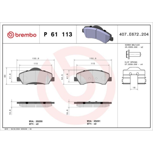 Bremsbelagsatz Scheibenbremse Brembo P61113 Prime Line f&uuml;r Citro&euml;n Peugeot