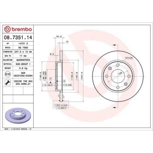 Bremsscheibe Brembo 08.7351.14 Prime Line f&uuml;r Citro&euml;n Peugeot Naza Vorderachse