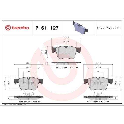 Bremsbelagsatz Scheibenbremse Brembo P61127 Prime Line f&uuml;r Citro&euml;n Peugeot