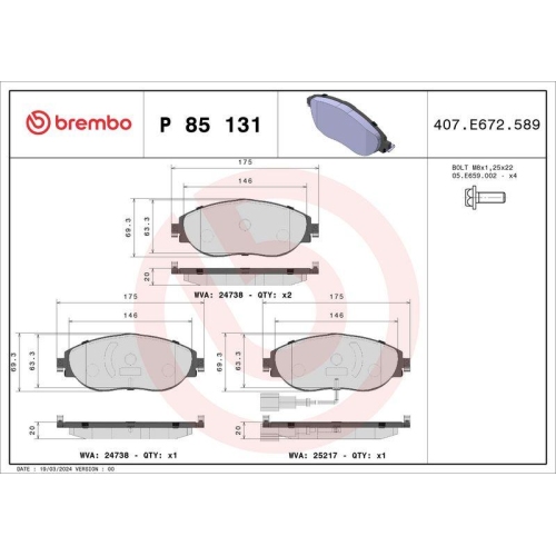 Bremsbelagsatz Scheibenbremse Brembo P85131 Prime Line f&uuml;r Audi Seat Skoda VW