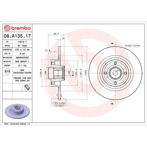 Bremsscheibe Brembo 08.A135.17 Prime Line - With Bearing Kit f&uuml;r Renault