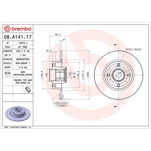 Bremsscheibe Brembo 08.A141.17 Prime Line - With Bearing Kit f&uuml;r Renault