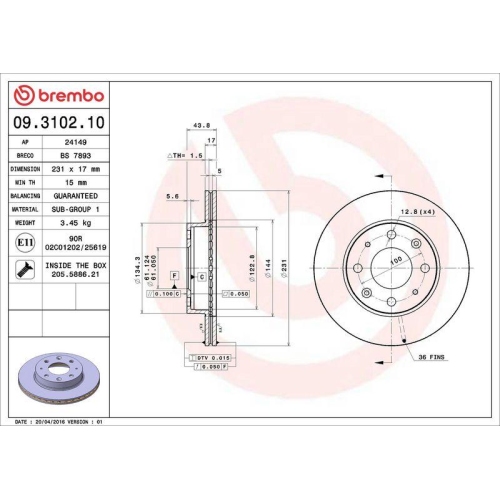 Bremsscheibe Brembo 09.3102.10 Prime Line f&uuml;r Honda Vorderachse