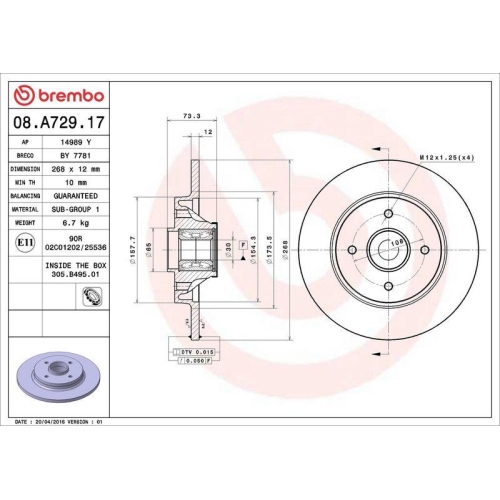 1X Brembo Bremsscheibe Prime Line - With Bearing Kit f&uuml;r Citro&euml;n Peugeot