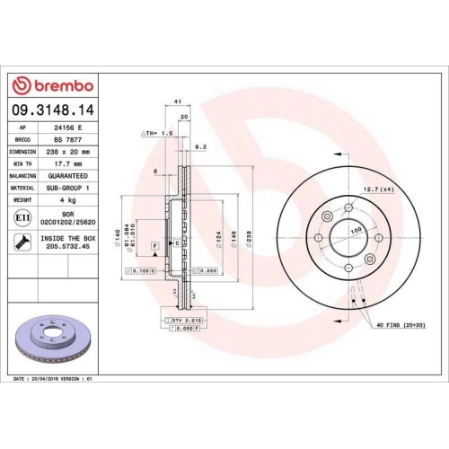 Bremsscheibe Brembo 09.3148.14 Prime Line f&uuml;r Nissan Renault Vorderachse