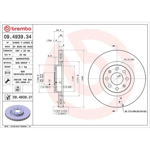 Bremsscheibe Brembo 09.4939.31 Prime Line - Uv Coated f&uuml;r Fiat Opel Vauxhall