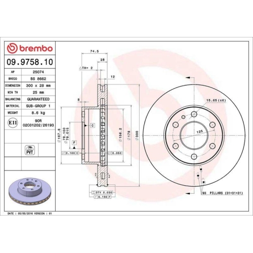 Bremsscheibe Brembo 09.9758.10 Prime Line f&uuml;r Iveco Vorderachse
