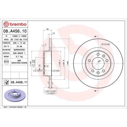 Bremsscheibe Brembo 08.A456.11 Prime Line - Uv Coated f&uuml;r Citro&euml;n Fiat Peugeot