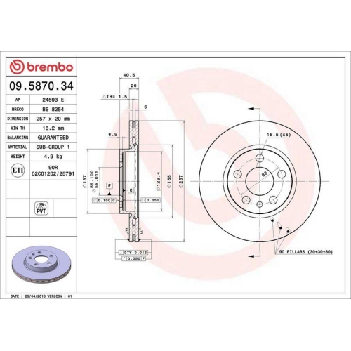 Bremsscheibe Brembo 09.5870.34 Prime Line f&uuml;r Citro&euml;n Fiat Peugeot Vorderachse