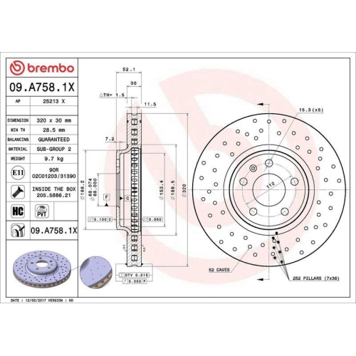 Bremsscheibe Brembo 09.A758.1X Xtra Line - Xtra f&uuml;r Audi Audi (faw) Vorderachse