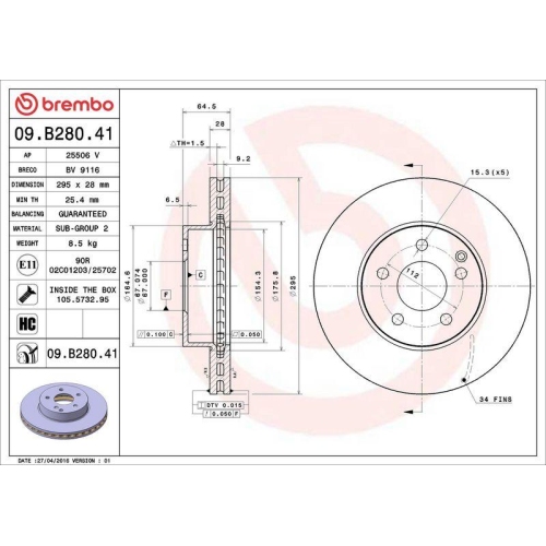 Bremsscheibe Brembo 09.B280.41 Prime Line - Uv Coated f&uuml;r Mercedes Benz