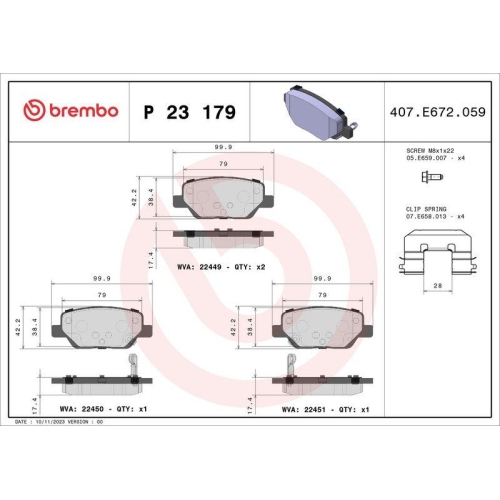 Bremsbelagsatz Scheibenbremse Brembo P23179 Prime Line f&uuml;r Fiat Hinterachse