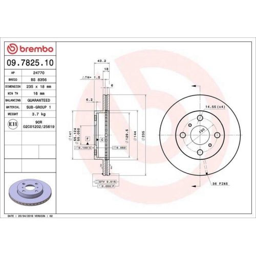 Bremsscheibe Brembo 09.7825.10 Prime Line f&uuml;r Toyota Toyota (faw) Vorderachse