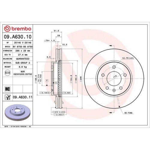 Bremsscheibe Brembo 09.A630.11 Prime Line - Uv Coated f&uuml;r Opel Suzuki Vauxhall