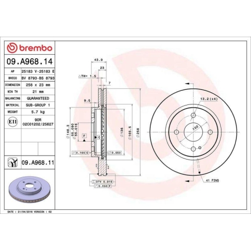 Bremsscheibe Brembo 09.A968.11 Prime Line - Uv Coated f&uuml;r Ford Mazda Ford Usa