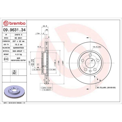 Bremsscheibe Brembo 09.9631.34 Prime Line f&uuml;r Fiat Vorderachse