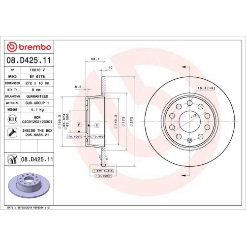Bremsscheibe Brembo 08.D425.11 Prime Line - Uv Coated f&uuml;r Audi Seat Skoda VW