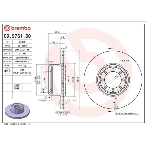 Bremsscheibe Brembo 09.9761.60 Prime Line f&uuml;r Iveco Hinterachse