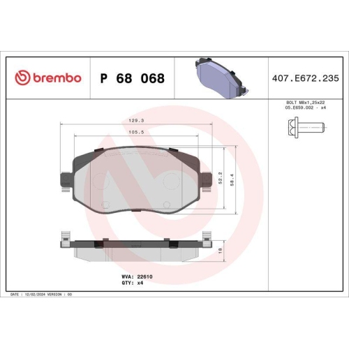 Bremsbelagsatz Scheibenbremse Brembo P68068 Prime Line f&uuml;r Renault Vorderachse